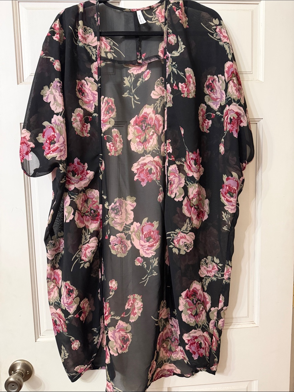 Live 4 Truth Black Sheer Floral Kimono with Pink Roses